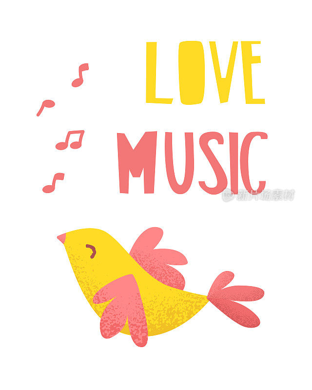 爱音乐卡与可爱的鸟和sheet Music上的白色背景。平的风格。矢量插图。